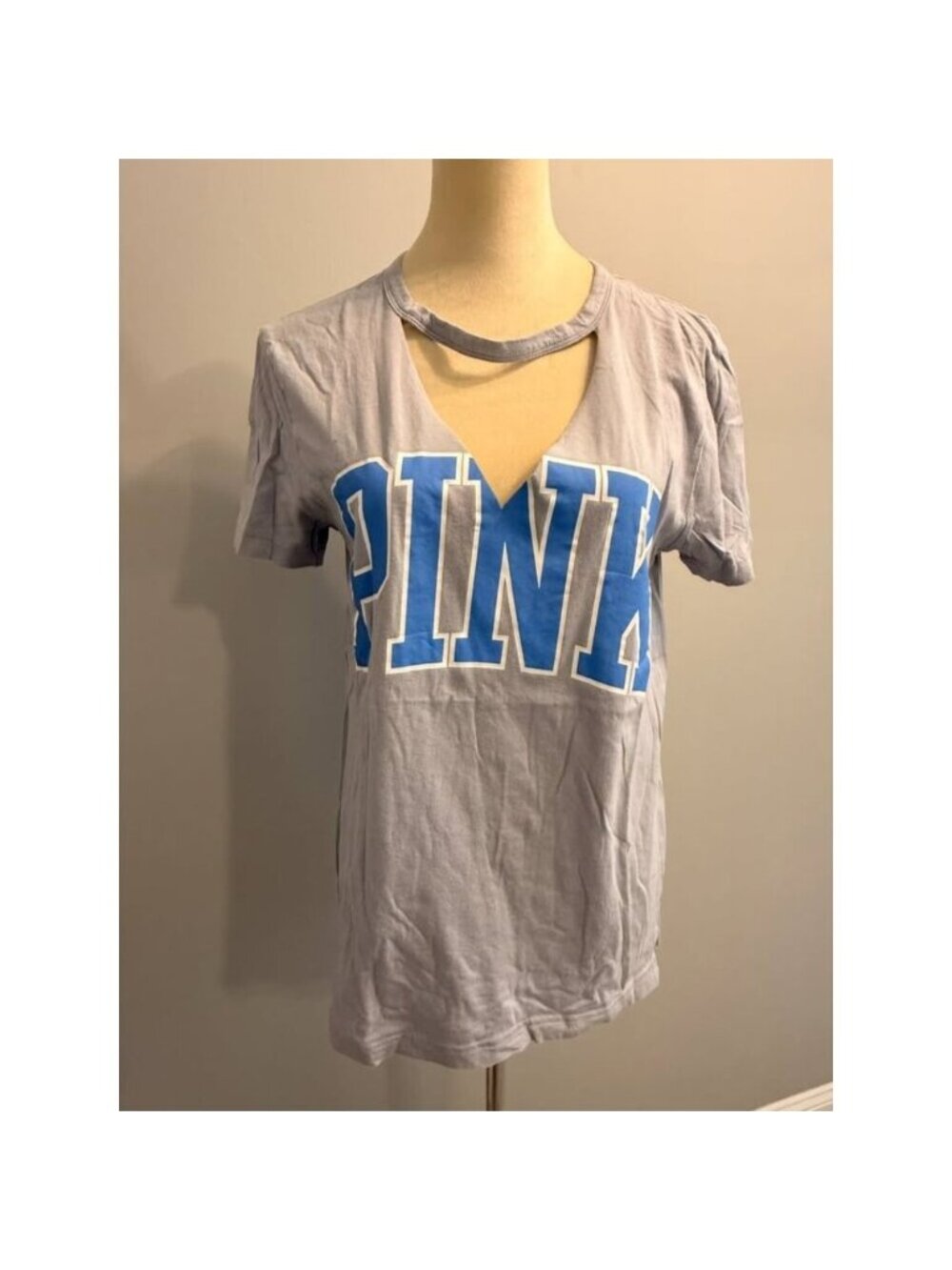 Pink Victoria's Secret women's XS (oversized) gray/blue V-neck t-shirt w/cut-out